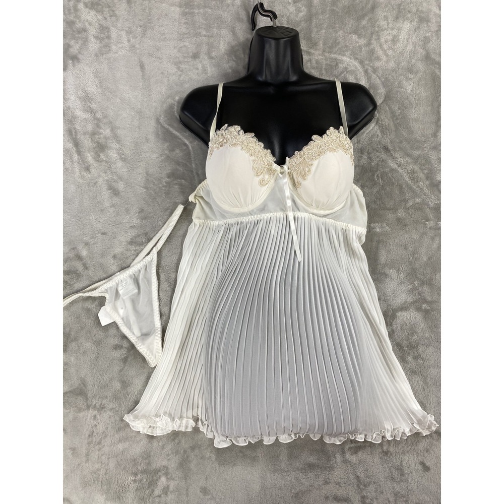 Linea Donatella Nightie Panty‎ Set Womens Large 2pc Bridal White Lace Trim Sexy